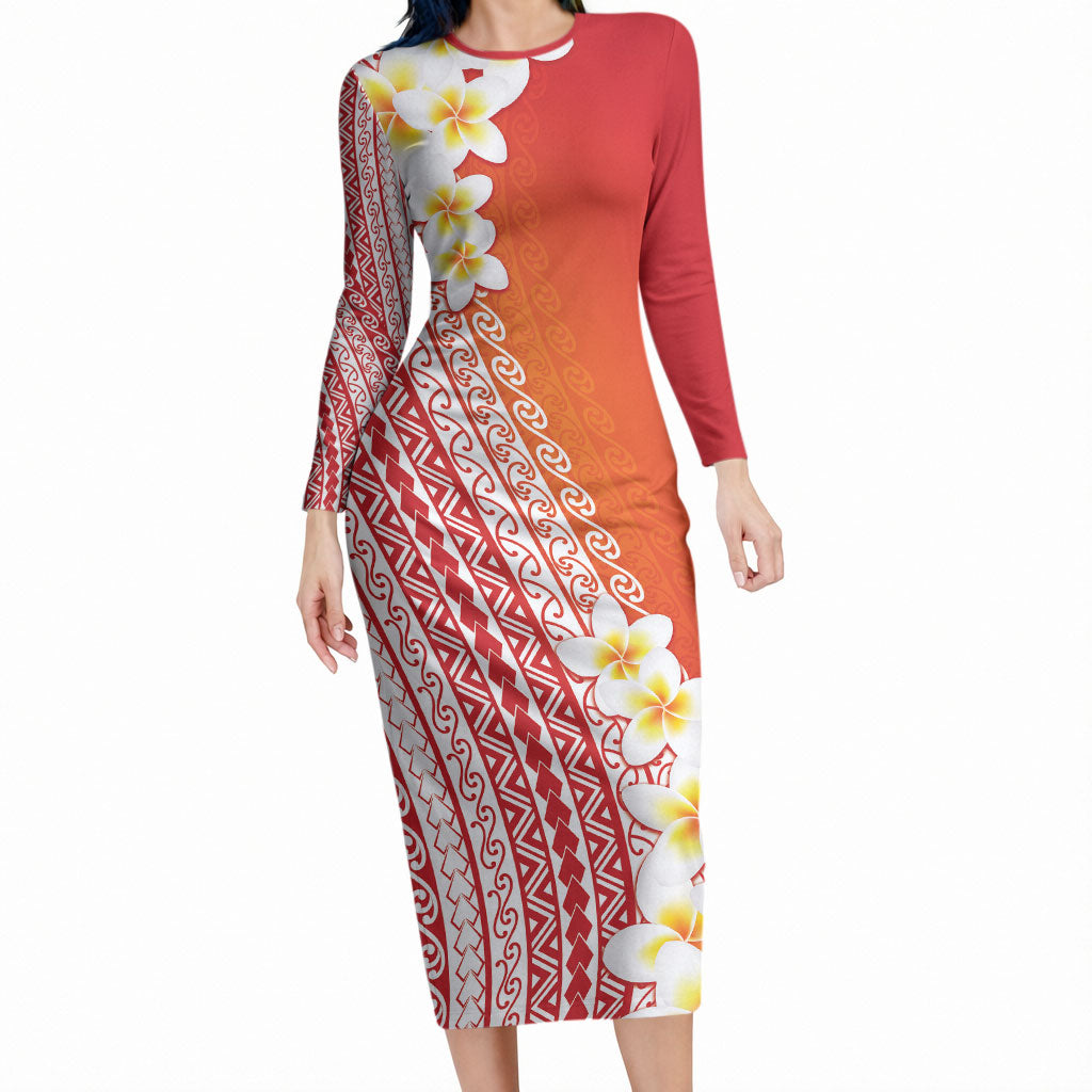 Tahiti Plumeria Tribal Pattern Long Sleeve Bodycon Dress Wave Style Red LT05 Long Dress Red - Polynesian Pride