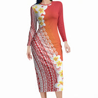 Tahiti Plumeria Tribal Pattern Long Sleeve Bodycon Dress Wave Style Red LT05 Long Dress Red - Polynesian Pride