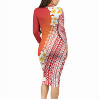 Tahiti Plumeria Tribal Pattern Long Sleeve Bodycon Dress Wave Style Red LT05 - Polynesian Pride