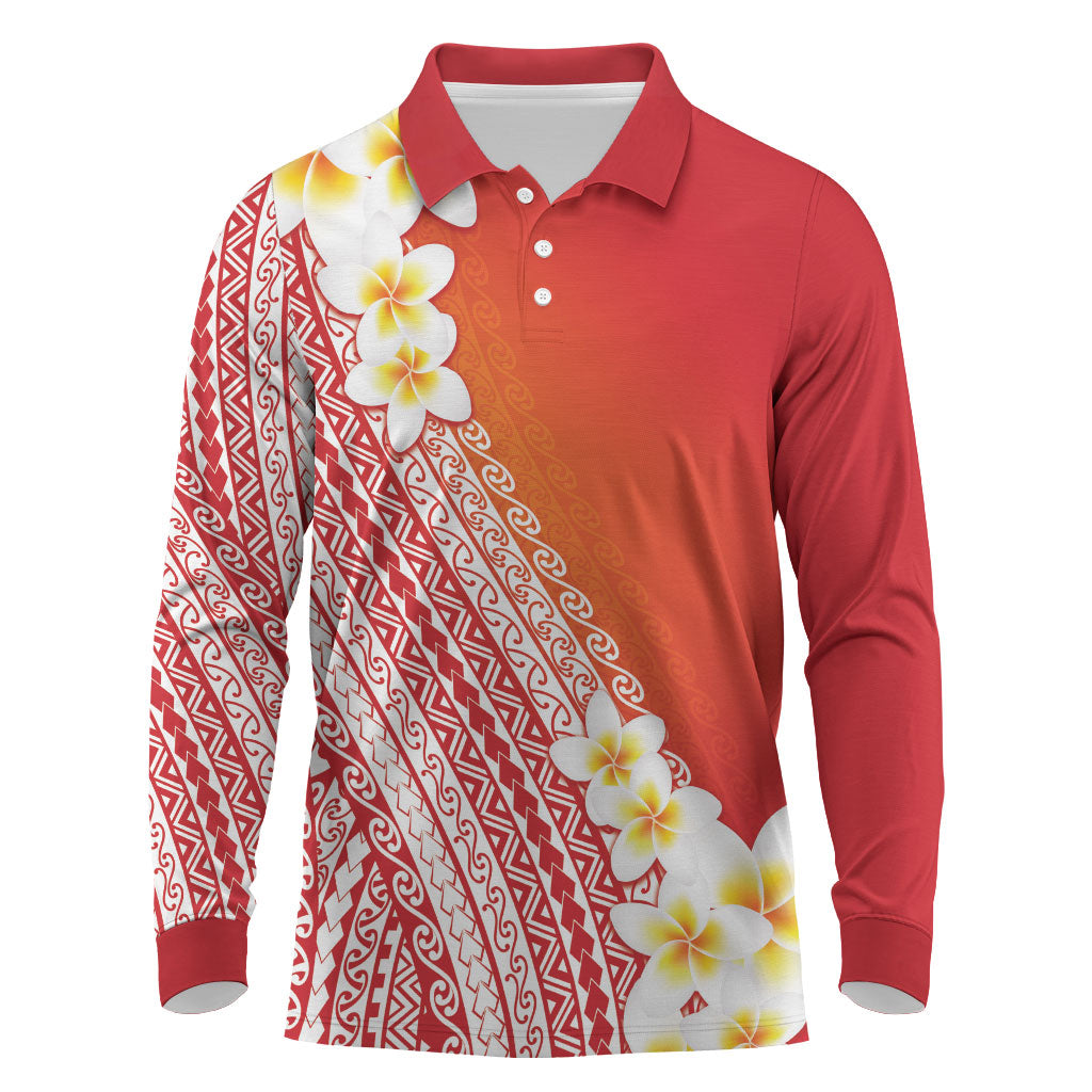 Tahiti Plumeria Tribal Pattern Long Sleeve Polo Shirt Wave Style Red LT05 Red - Polynesian Pride