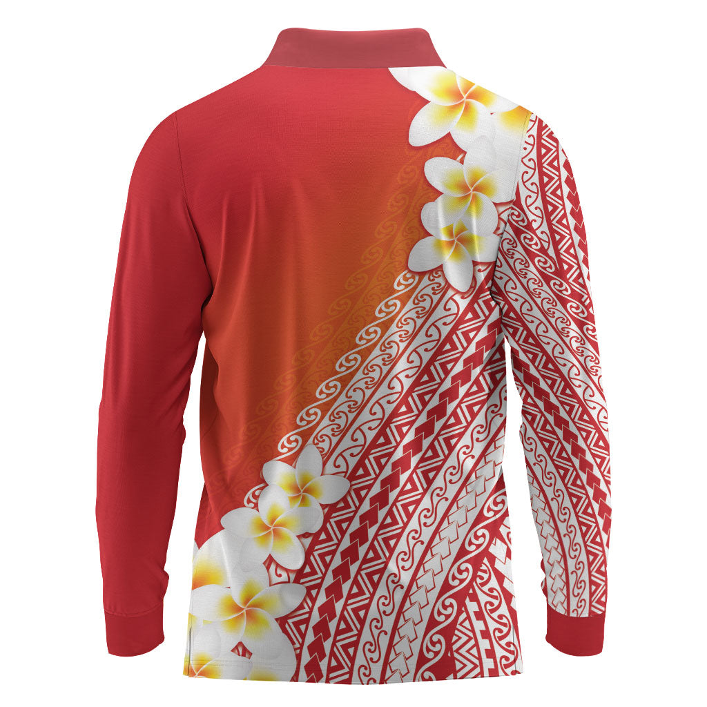 Tahiti Plumeria Tribal Pattern Long Sleeve Polo Shirt Wave Style Red LT05 - Polynesian Pride