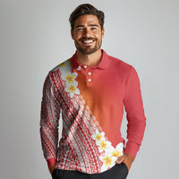 Tahiti Plumeria Tribal Pattern Long Sleeve Polo Shirt Wave Style Red LT05 - Polynesian Pride