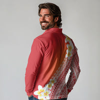Tahiti Plumeria Tribal Pattern Long Sleeve Polo Shirt Wave Style Red LT05 - Polynesian Pride