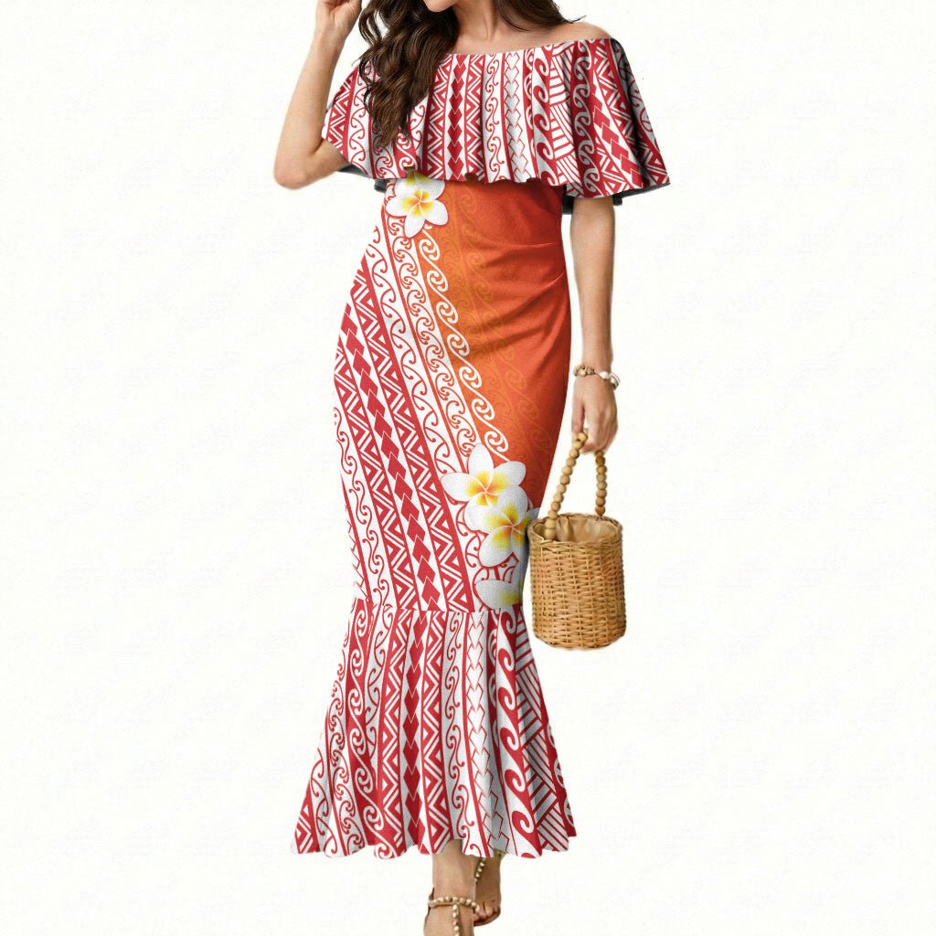 Tahiti Plumeria Tribal Pattern Mermaid Dress Wave Style Red LT05 Women Red - Polynesian Pride
