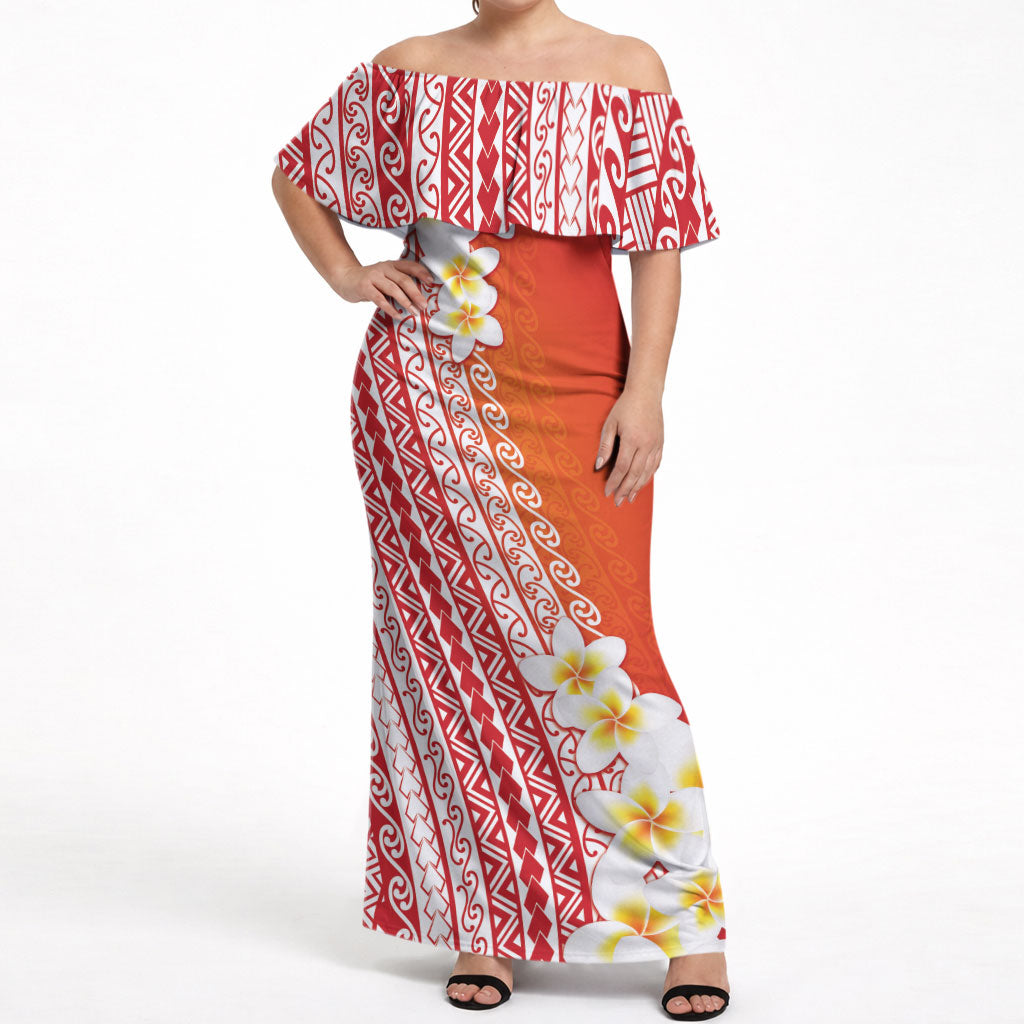 Tahiti Plumeria Tribal Pattern Off Shoulder Maxi Dress Wave Style Red LT05 Women Red - Polynesian Pride