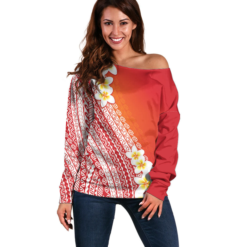 Tahiti Plumeria Tribal Pattern Off Shoulder Sweater Wave Style Red LT05 Women Red - Polynesian Pride
