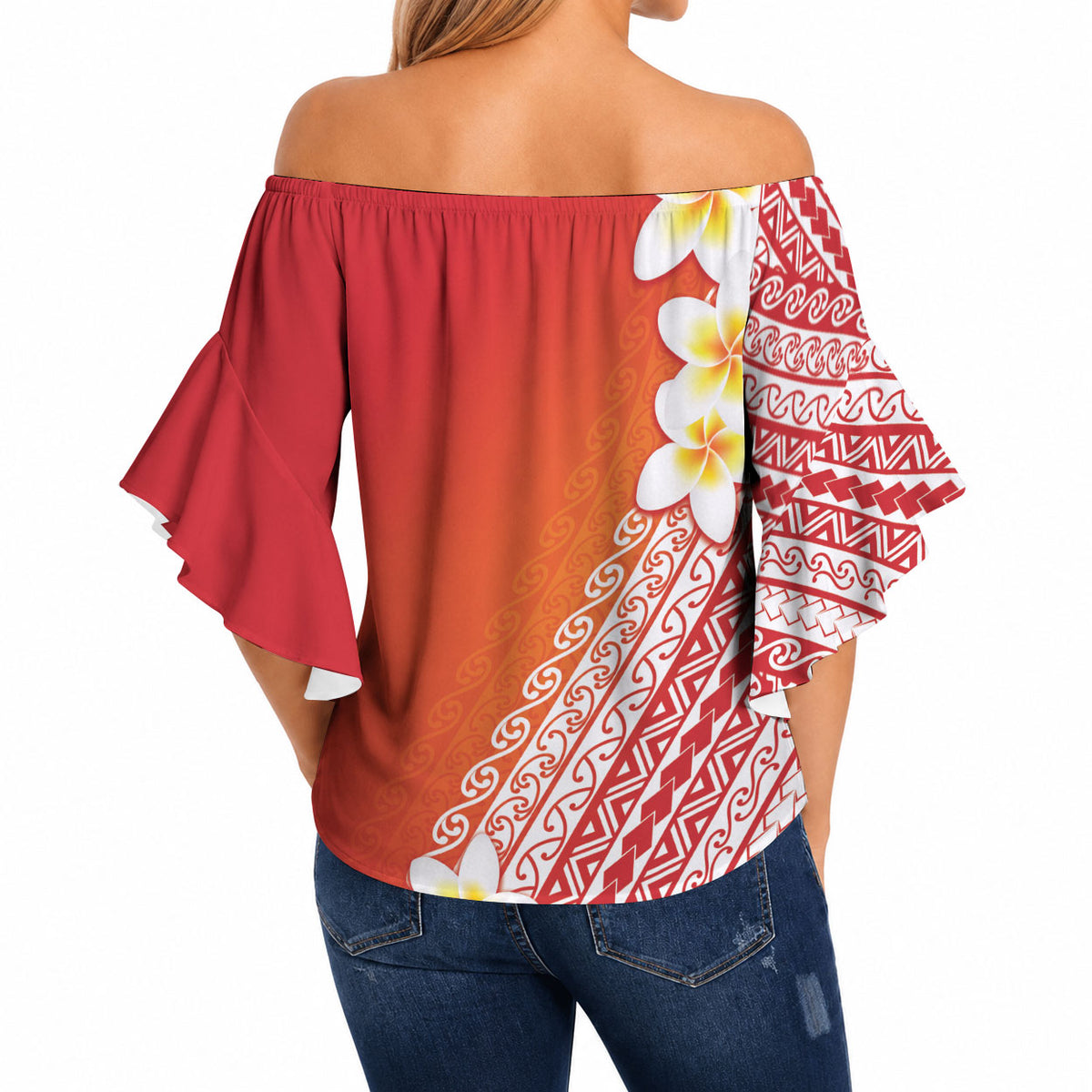 Tahiti Plumeria Tribal Pattern Off Shoulder Wrap Waist Top Wave Style Red LT05 - Polynesian Pride