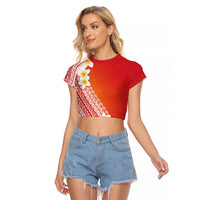 Tahiti Plumeria Tribal Pattern Raglan Cropped T Shirt Wave Style Red LT05 Female Red - Polynesian Pride