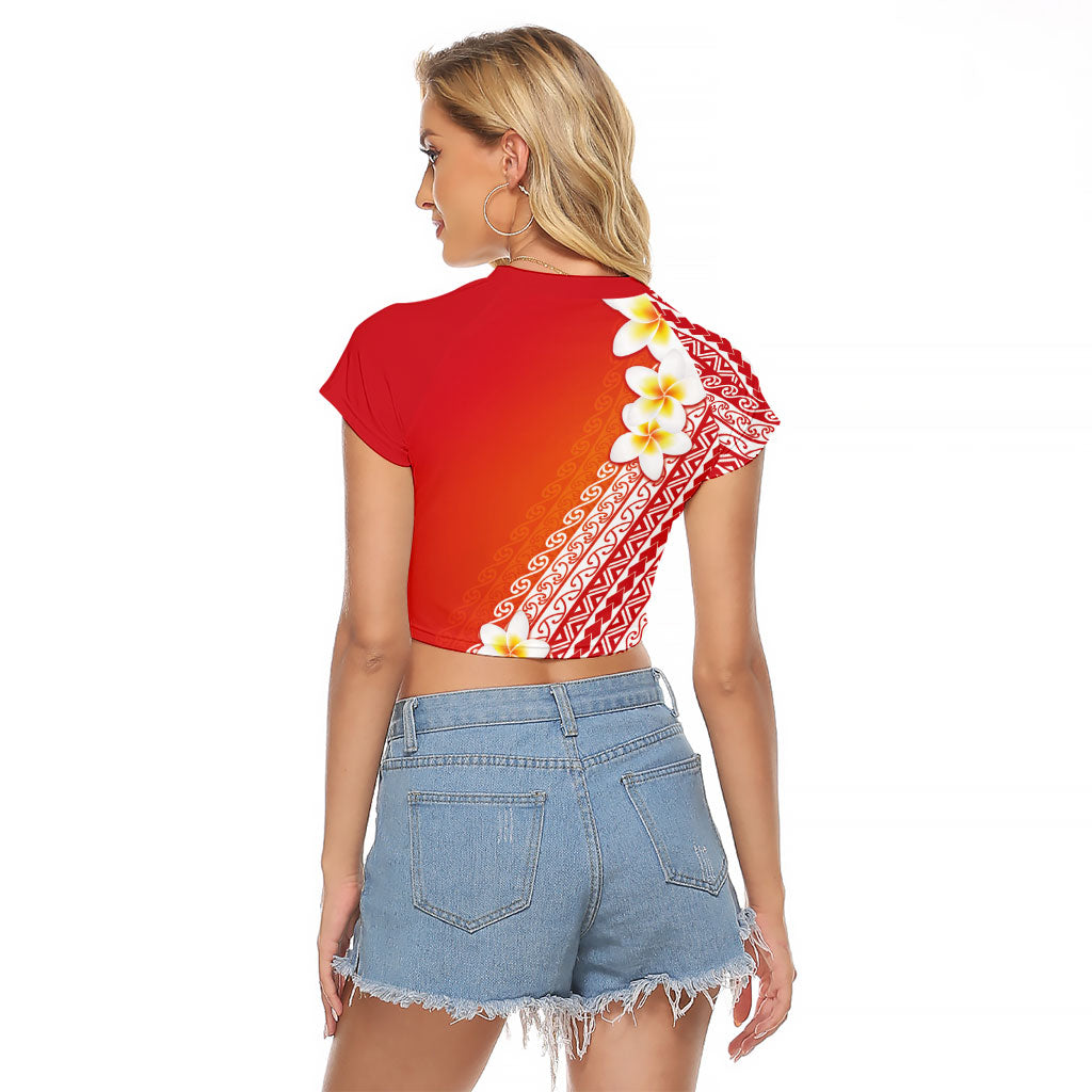 Tahiti Plumeria Tribal Pattern Raglan Cropped T Shirt Wave Style Red LT05 - Polynesian Pride