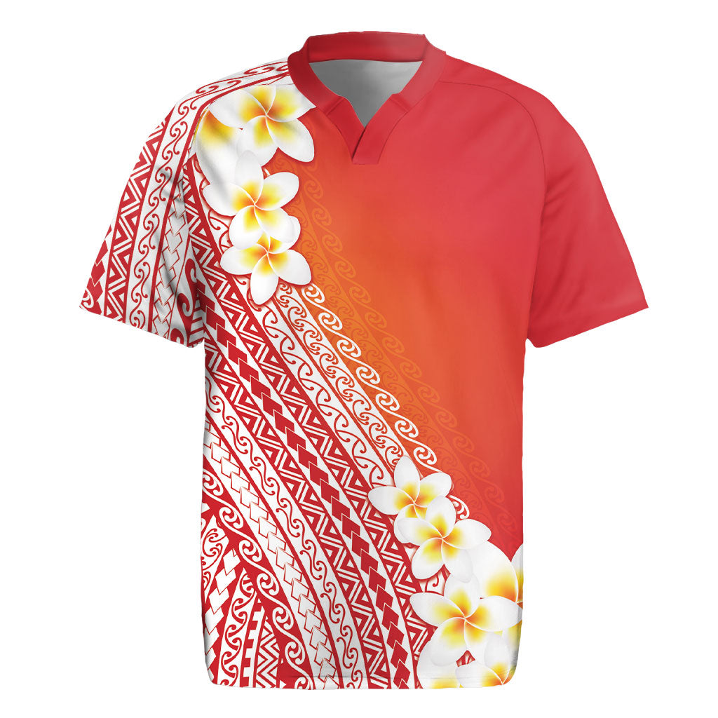 Tahiti Plumeria Tribal Pattern Rugby Jersey Wave Style Red LT05 Red - Polynesian Pride