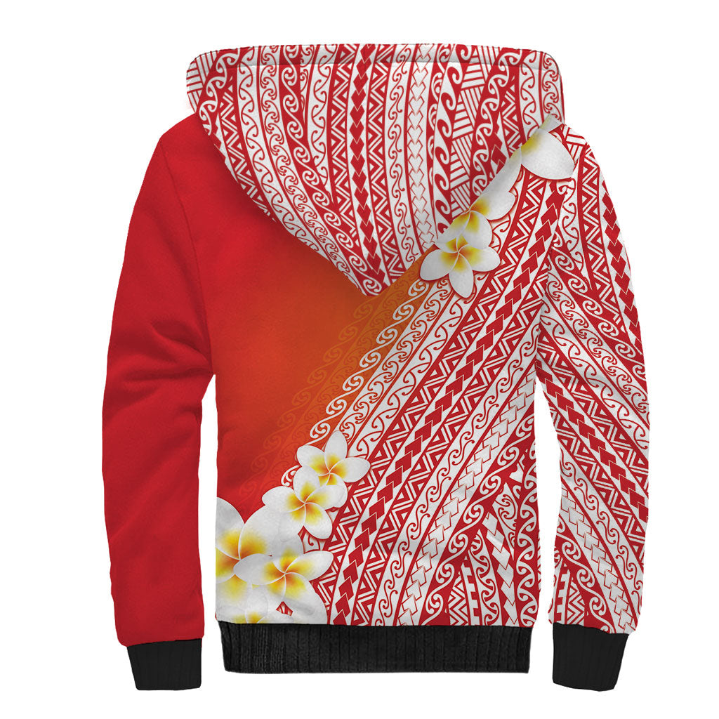 Tahiti Plumeria Tribal Pattern Sherpa Hoodie Wave Style Red LT05 - Polynesian Pride