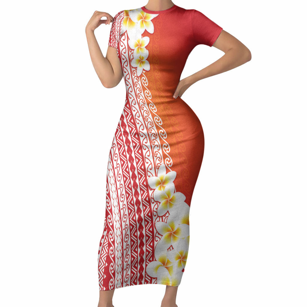Tahiti Plumeria Tribal Pattern Short Sleeve Bodycon Dress Wave Style Red LT05 Long Dress Red - Polynesian Pride