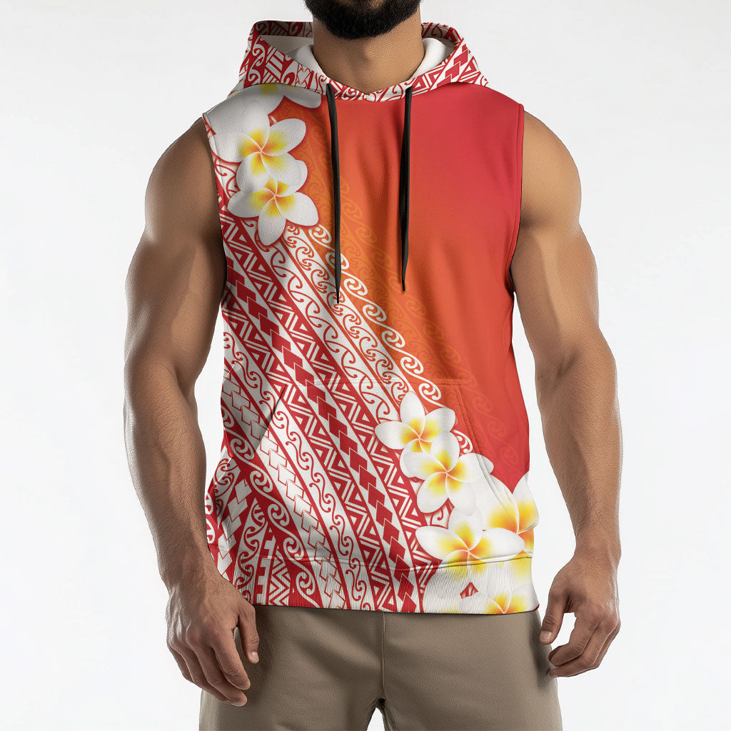 Tahiti Plumeria Tribal Pattern Sleeveless Hoodie Wave Style Red LT05 - Polynesian Pride