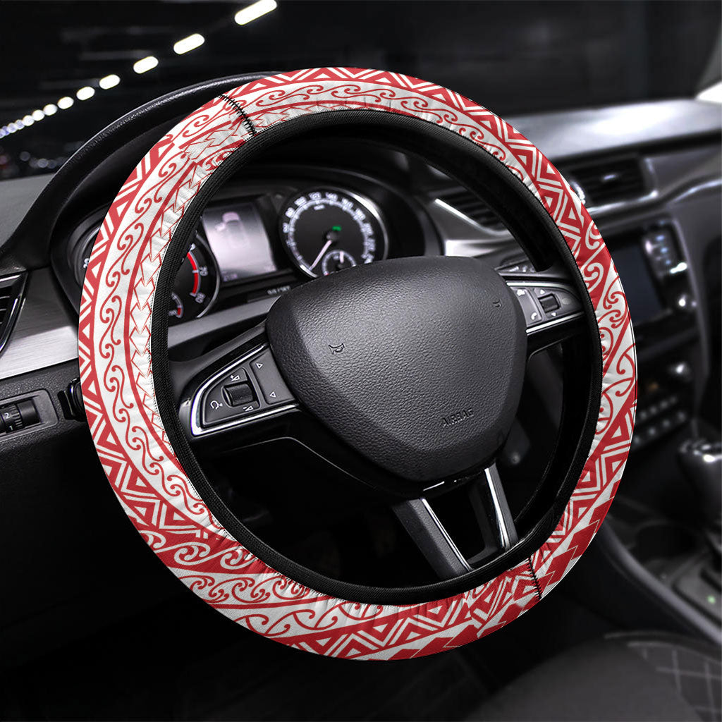 Tahiti Plumeria Tribal Pattern Steering Wheel Cover Wave Style Red LT05 Universal Fit Red - Polynesian Pride