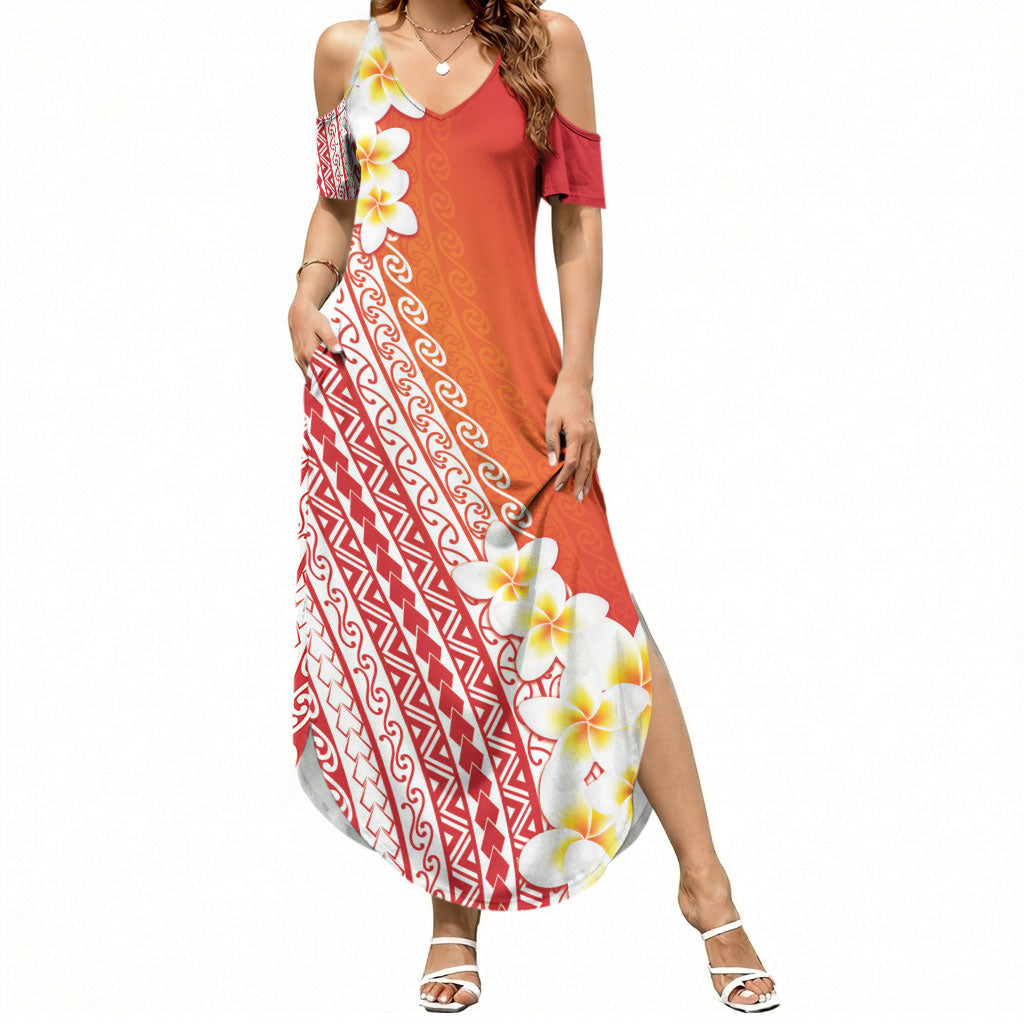 Tahiti Plumeria Tribal Pattern Summer Maxi Dress Wave Style Red LT05 Women Red - Polynesian Pride