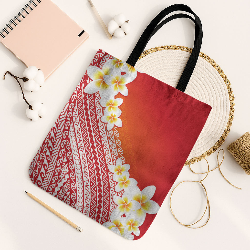 Tahiti Plumeria Tribal Pattern Tote Bag Wave Style Red LT05 Black Strap One Size Red - Polynesian Pride
