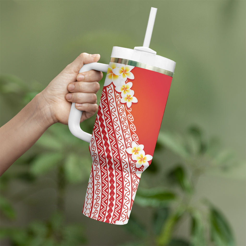 Tahiti Plumeria Tribal Pattern Tumbler With Handle Wave Style Red LT05 - Polynesian Pride