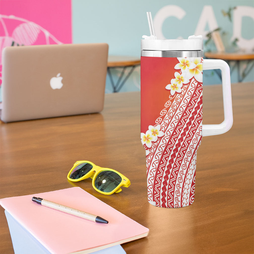 Tahiti Plumeria Tribal Pattern Tumbler With Handle Wave Style Red LT05 - Polynesian Pride