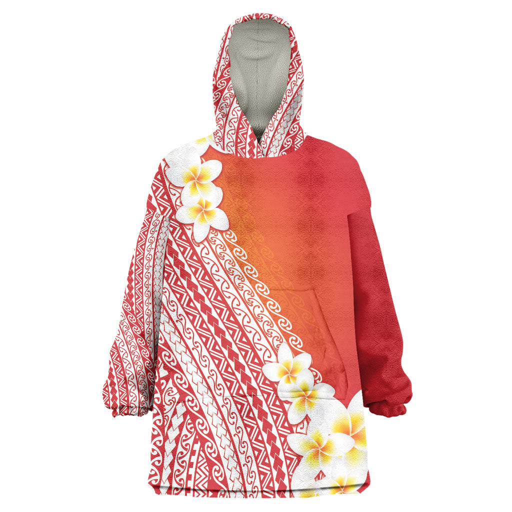 Tahiti Plumeria Tribal Pattern Wearable Blanket Hoodie Wave Style Red LT05 One Size Red - Polynesian Pride