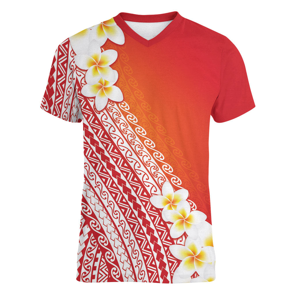 Tahiti Plumeria Tribal Pattern Women V-Neck T-Shirt Wave Style Red LT05 Female Red - Polynesian Pride