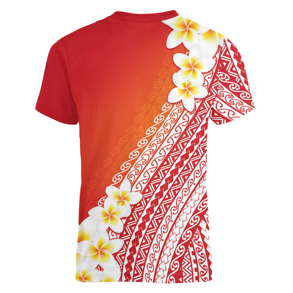 Tahiti Plumeria Tribal Pattern Women V-Neck T-Shirt Wave Style Red LT05 - Polynesian Pride