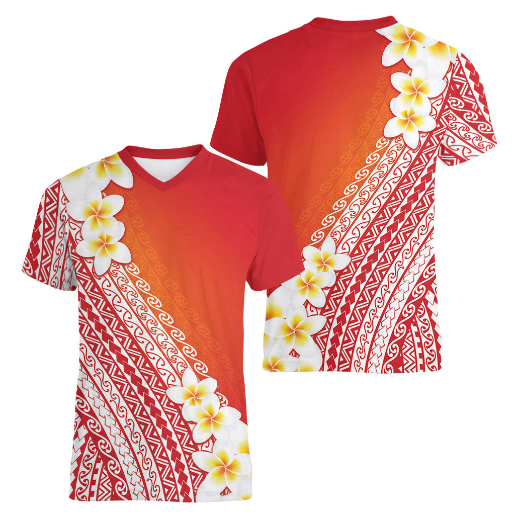 Tahiti Plumeria Tribal Pattern Women V-Neck T-Shirt Wave Style Red LT05 - Polynesian Pride