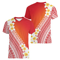 Tahiti Plumeria Tribal Pattern Women V-Neck T-Shirt Wave Style Red LT05 - Polynesian Pride