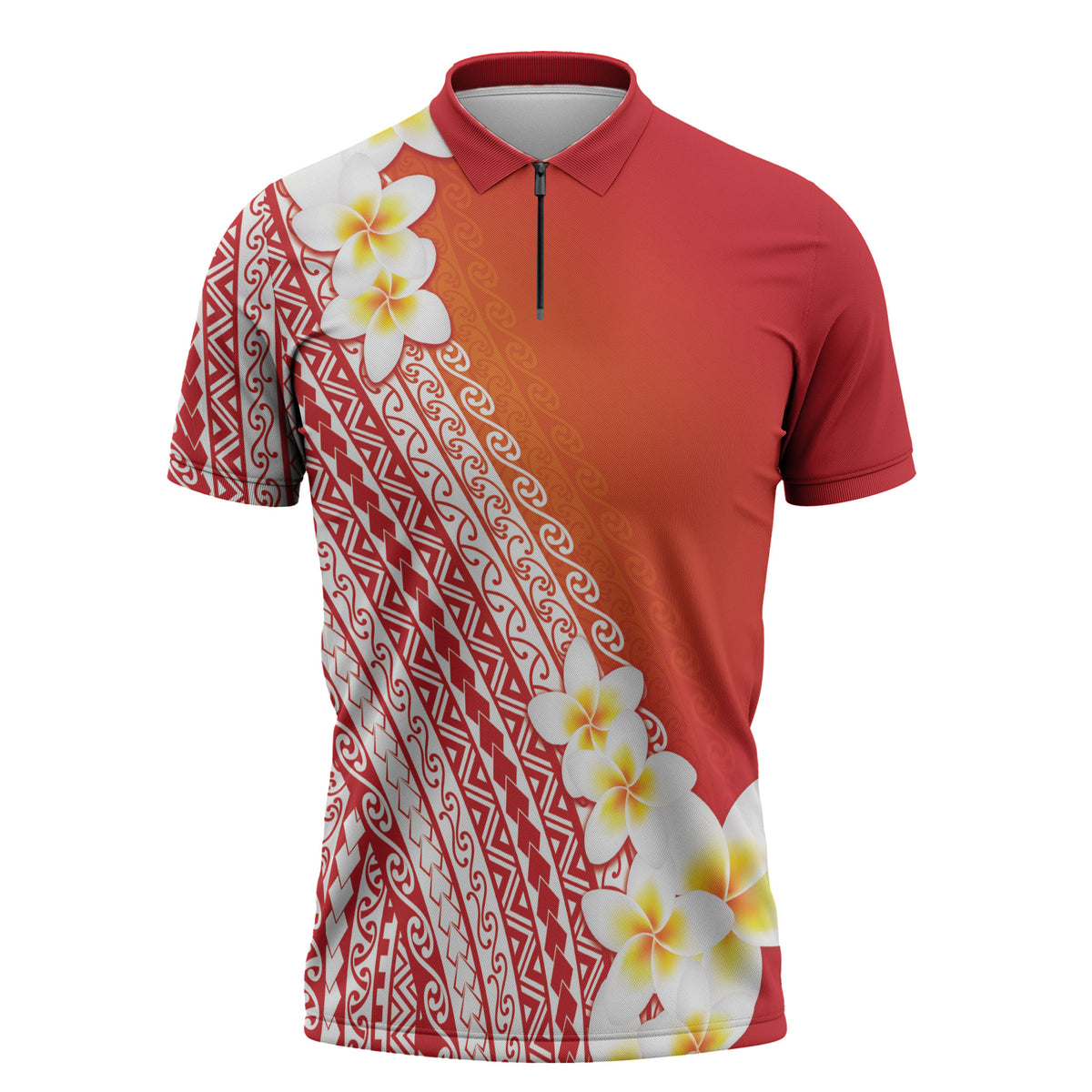 Tahiti Plumeria Tribal Pattern Zipper Polo Shirt Wave Style Red LT05 Red - Polynesian Pride