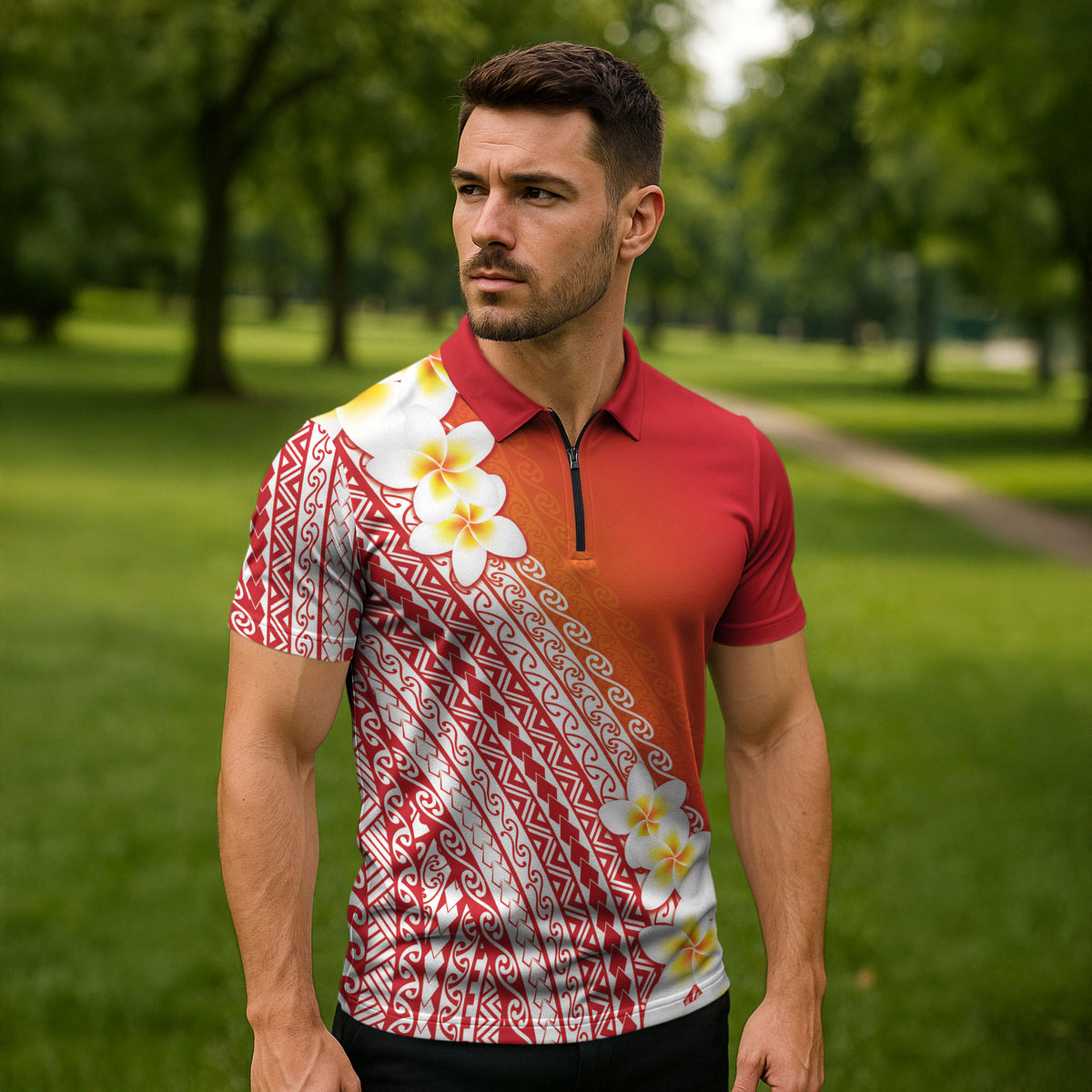 Tahiti Plumeria Tribal Pattern Zipper Polo Shirt Wave Style Red LT05 - Polynesian Pride