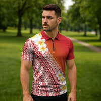 Tahiti Plumeria Tribal Pattern Zipper Polo Shirt Wave Style Red LT05 - Polynesian Pride