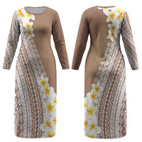 Tahiti Plumeria Tribal Pattern Couples Matching Long Sleeve Bodycon Dress and Long Sleeve Button Shirt Wave Style Brown LT05 - Polynesian Pride
