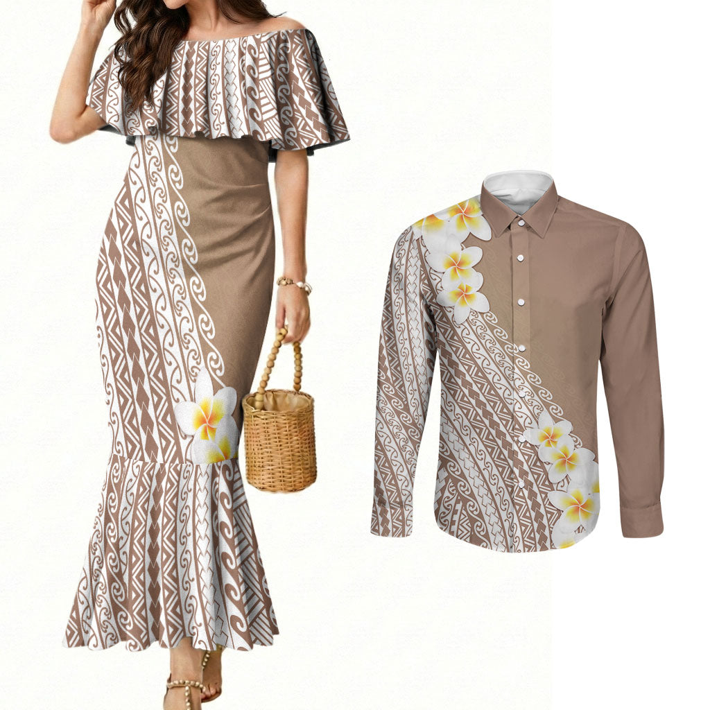 Tahiti Plumeria Tribal Pattern Couples Matching Mermaid Dress and Long Sleeve Button Shirt Wave Style Brown LT05 Brown - Polynesian Pride