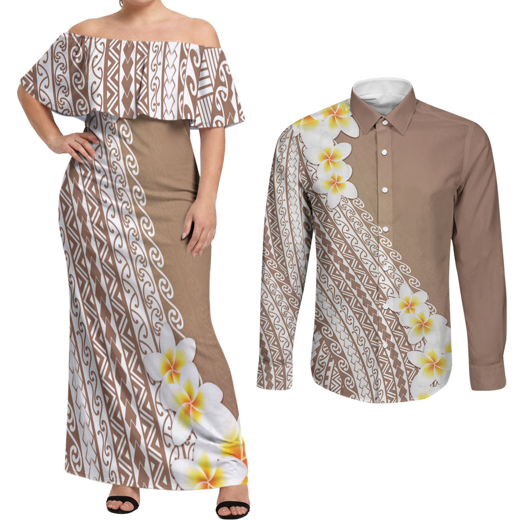 Tahiti Plumeria Tribal Pattern Couples Matching Off Shoulder Maxi Dress and Long Sleeve Button Shirt Wave Style Brown LT05 Brown - Polynesian Pride