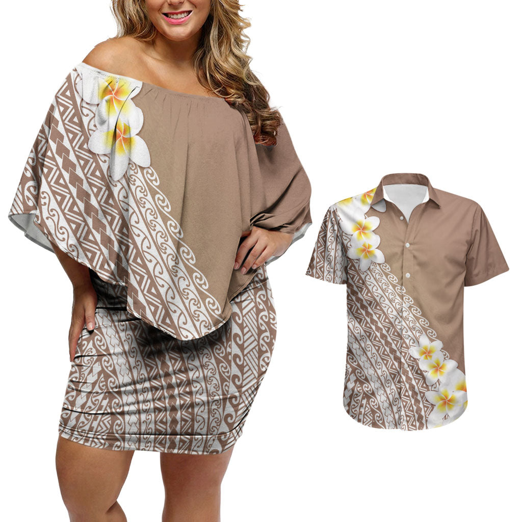 Tahiti Plumeria Tribal Pattern Couples Matching Off Shoulder Short Dress and Hawaiian Shirt Wave Style Brown LT05 Brown - Polynesian Pride