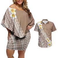 Tahiti Plumeria Tribal Pattern Couples Matching Off Shoulder Short Dress and Hawaiian Shirt Wave Style Brown LT05 Brown - Polynesian Pride