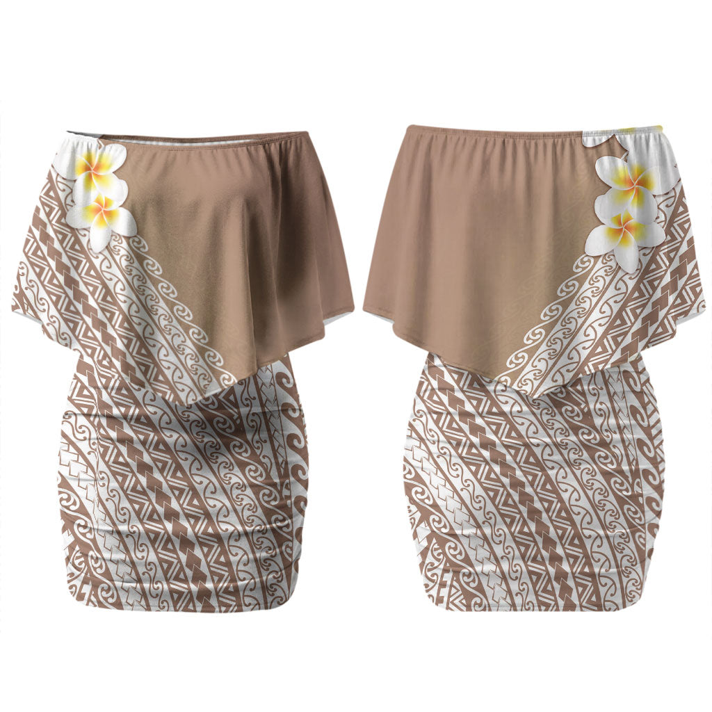 Tahiti Plumeria Tribal Pattern Couples Matching Off Shoulder Short Dress and Hawaiian Shirt Wave Style Brown LT05 - Polynesian Pride