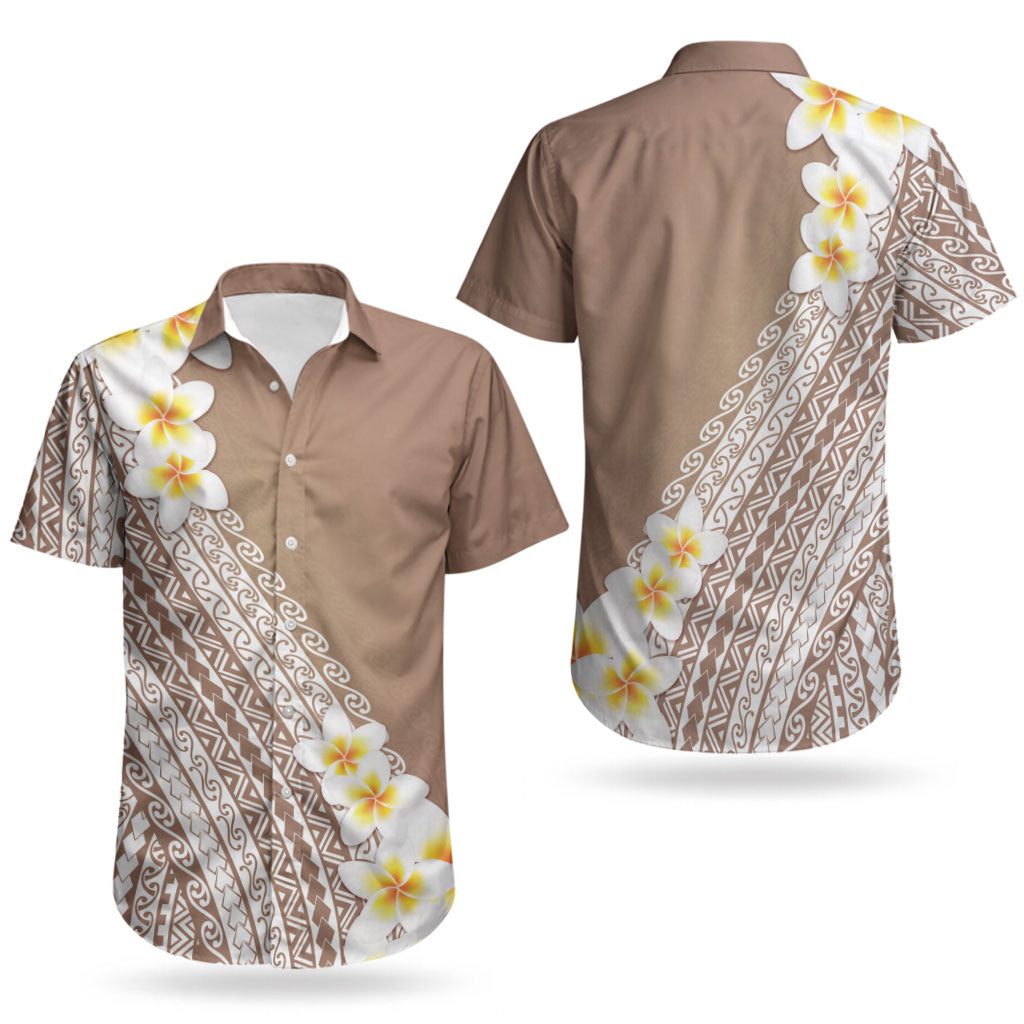 Tahiti Plumeria Tribal Pattern Couples Matching Off Shoulder Short Dress and Hawaiian Shirt Wave Style Brown LT05 - Polynesian Pride