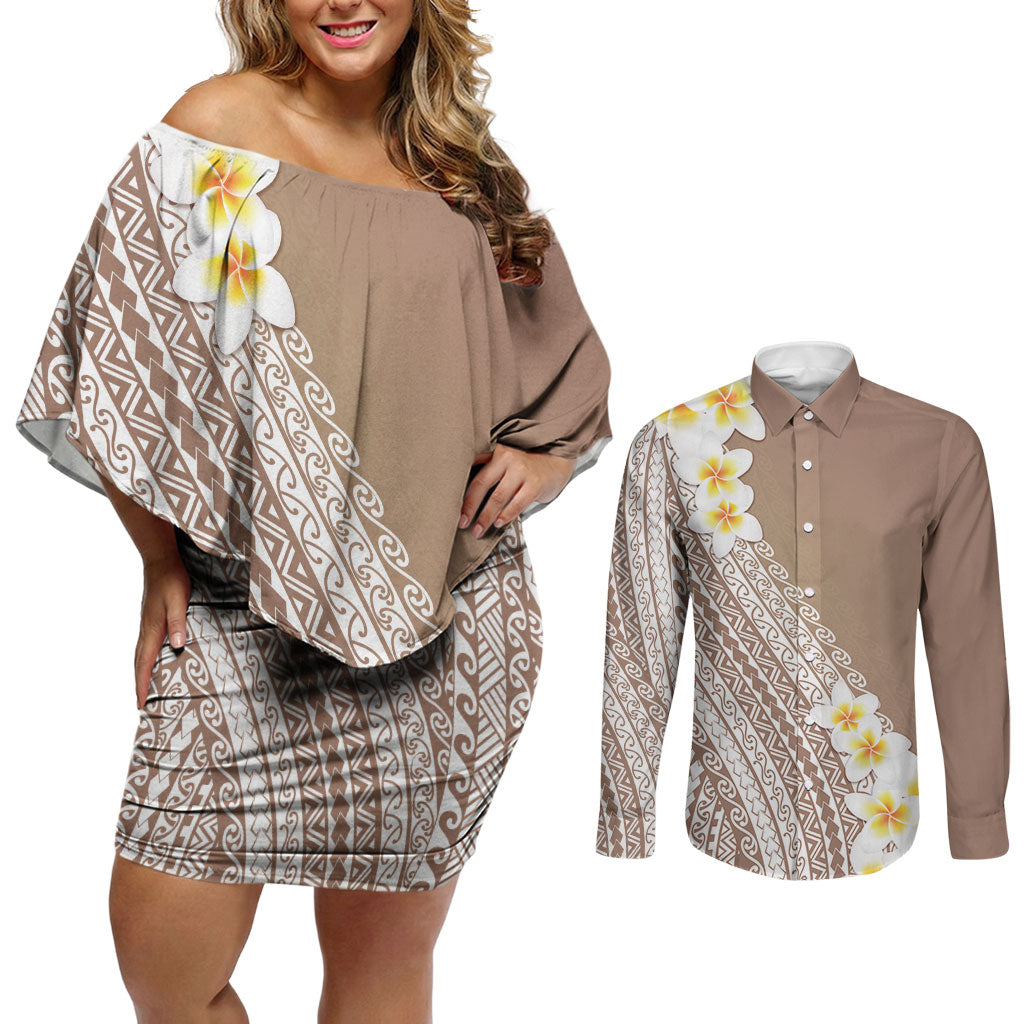 Tahiti Plumeria Tribal Pattern Couples Matching Off Shoulder Short Dress and Long Sleeve Button Shirt Wave Style Brown LT05 Brown - Polynesian Pride