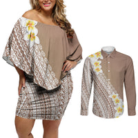 Tahiti Plumeria Tribal Pattern Couples Matching Off Shoulder Short Dress and Long Sleeve Button Shirt Wave Style Brown LT05 Brown - Polynesian Pride