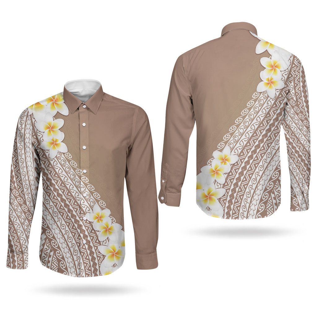 Tahiti Plumeria Tribal Pattern Couples Matching Off Shoulder Short Dress and Long Sleeve Button Shirt Wave Style Brown LT05 - Polynesian Pride