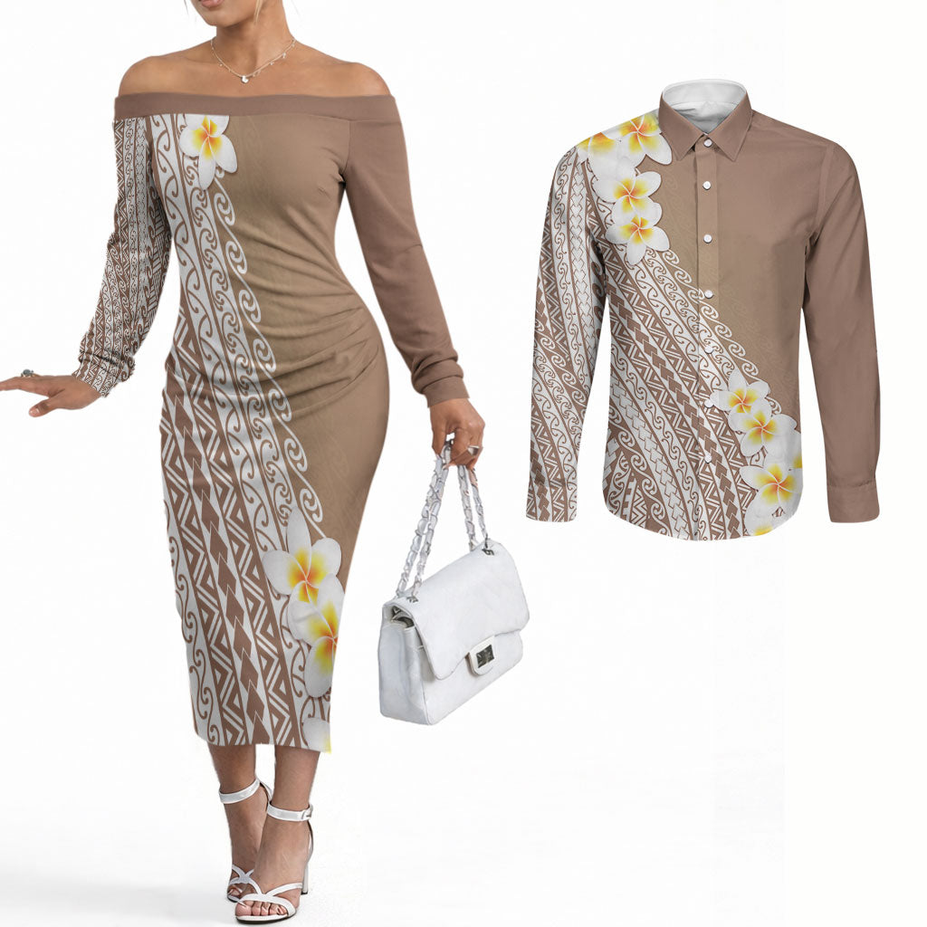 Tahiti Plumeria Tribal Pattern Couples Matching Off The Shoulder Long Sleeve Dress and Long Sleeve Button Shirt Wave Style Brown LT05 Brown - Polynesian Pride