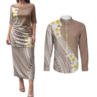 Tahiti Plumeria Tribal Pattern Couples Matching Puletasi and Long Sleeve Button Shirt Wave Style Brown LT05 Brown - Polynesian Pride