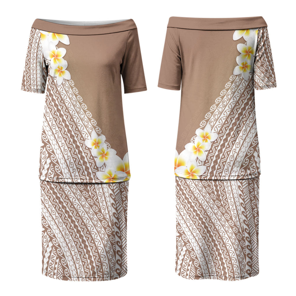 Tahiti Plumeria Tribal Pattern Couples Matching Puletasi and Long Sleeve Button Shirt Wave Style Brown LT05 - Polynesian Pride