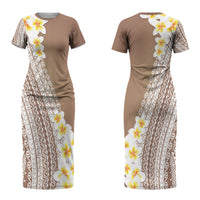 Tahiti Plumeria Tribal Pattern Couples Matching Short Sleeve Bodycon Dress and Long Sleeve Button Shirt Wave Style Brown LT05 - Polynesian Pride