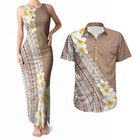 Tahiti Plumeria Tribal Pattern Couples Matching Tank Maxi Dress and Hawaiian Shirt Wave Style Brown LT05 Brown - Polynesian Pride