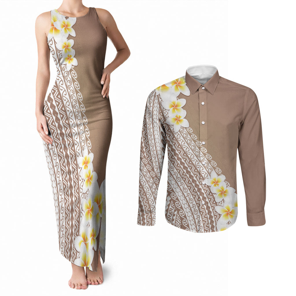 Tahiti Plumeria Tribal Pattern Couples Matching Tank Maxi Dress and Long Sleeve Button Shirt Wave Style Brown LT05 Brown - Polynesian Pride