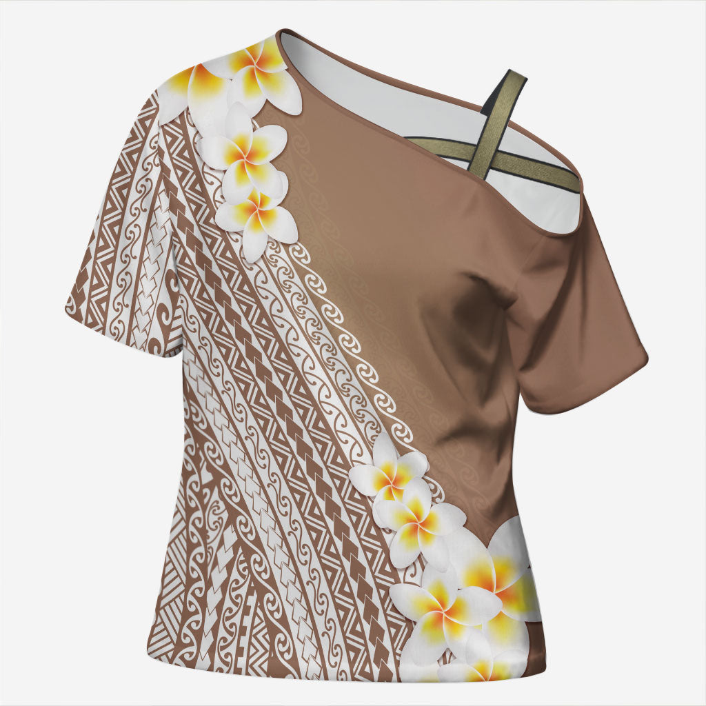 Tahiti Plumeria Tribal Pattern Cross Shoulder Shirt Wave Style Brown LT05 Female Brown - Polynesian Pride