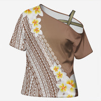 Tahiti Plumeria Tribal Pattern Cross Shoulder Shirt Wave Style Brown LT05 Female Brown - Polynesian Pride