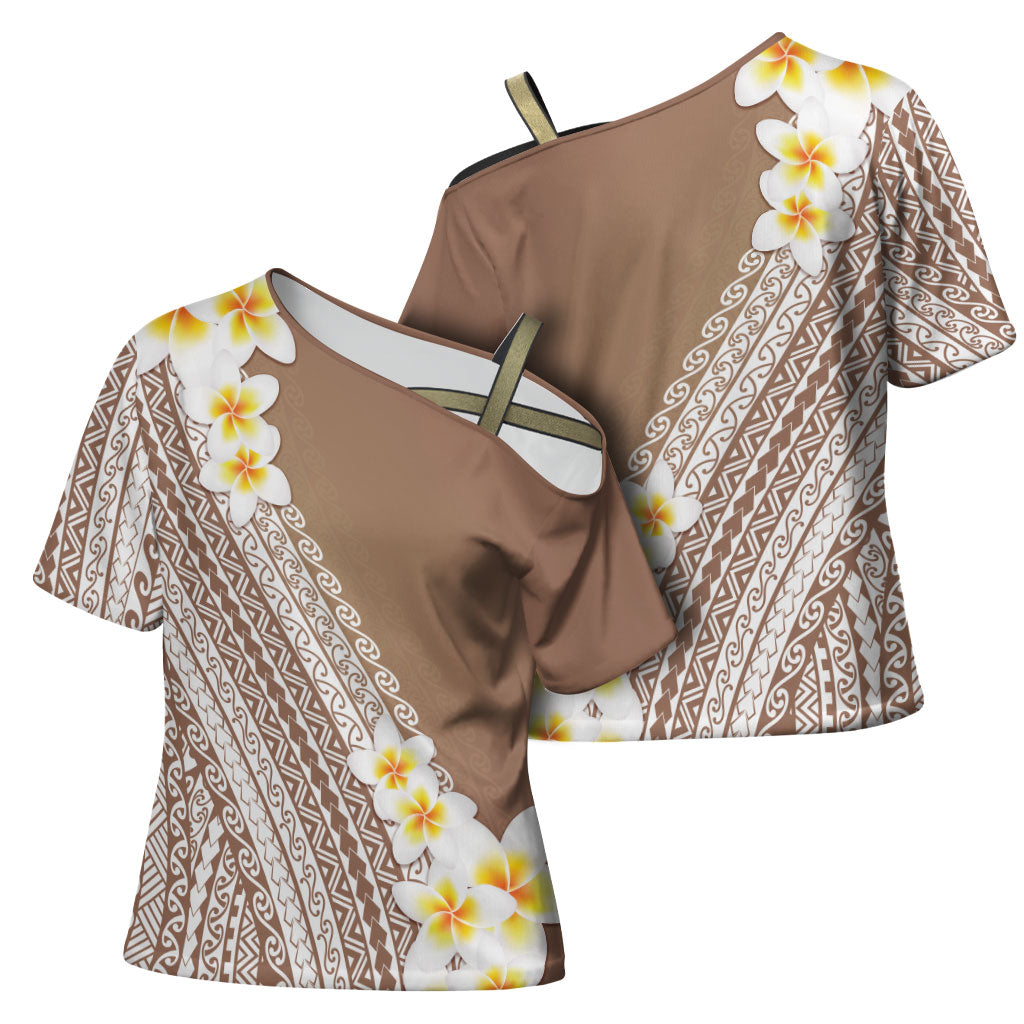 Tahiti Plumeria Tribal Pattern Cross Shoulder Shirt Wave Style Brown LT05 - Polynesian Pride
