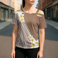 Tahiti Plumeria Tribal Pattern Cross Shoulder Shirt Wave Style Brown LT05 - Polynesian Pride